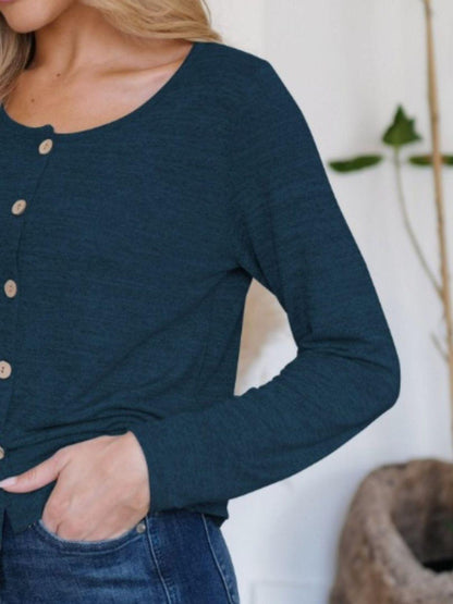 FAM-FAM Button Up Round Neck Long Sleeve Cardigan Carauana Store