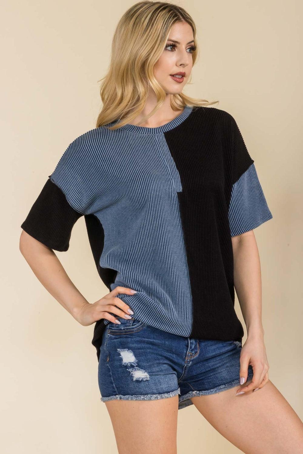Celeste Full Size Ribbed Color Block Short Sleeve T-Shirt Carauana Store