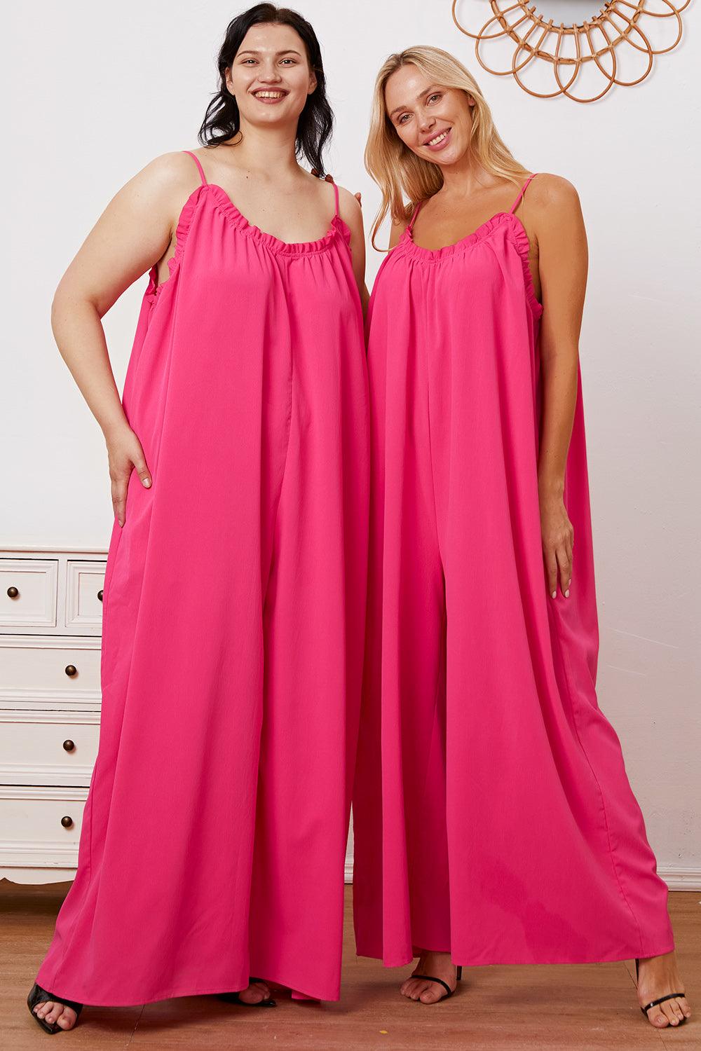 Double Take Full Size Ruffle Trim Tie Back Cami Jumpsuit with Pockets Carauana Store