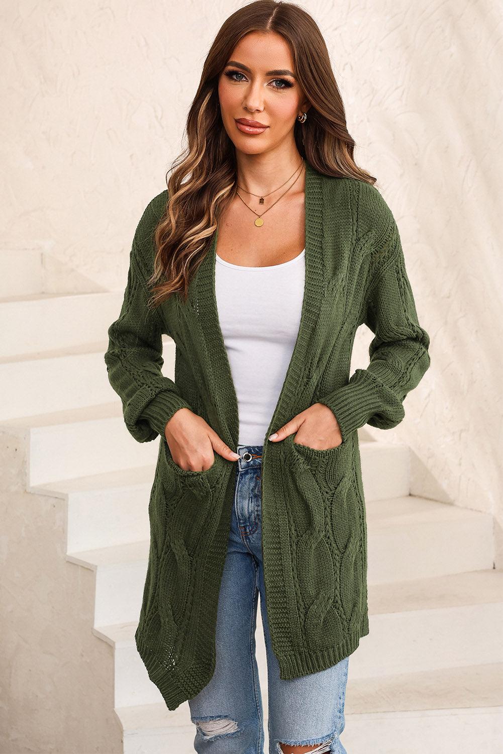 Cable-Knit Dropped Shoulder Slit Cardigan Carauana Store