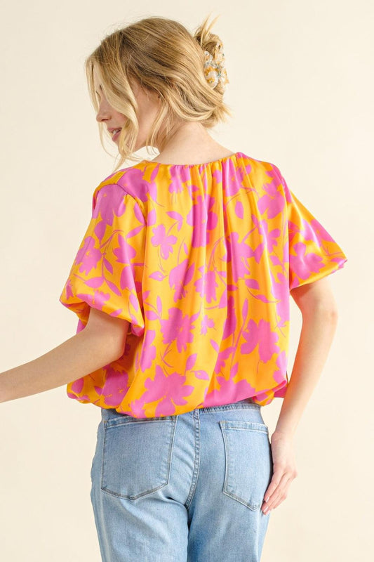 And The Why Full Size Printed Satin Bubble Hem Top Carauana Store