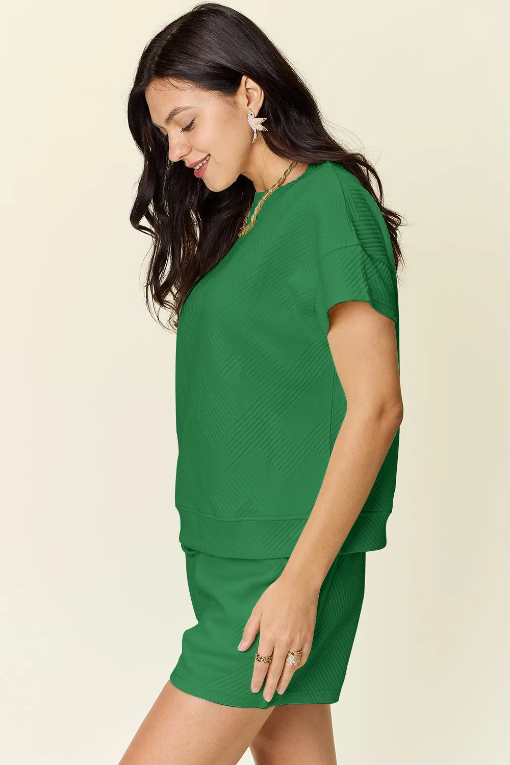Double Take Full Size Texture Short Sleeve T-Shirt and Drawstring Shorts Set Carauana Store