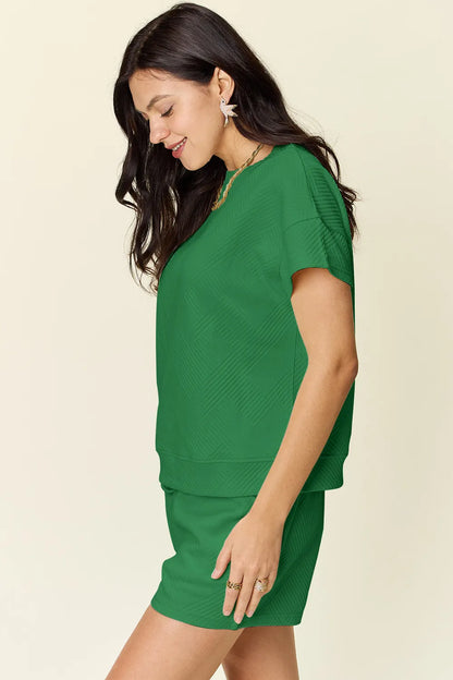 Double Take Full Size Texture Short Sleeve T-Shirt and Drawstring Shorts Set Carauana Store