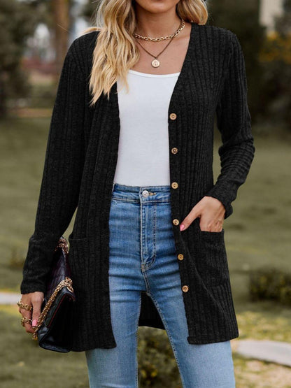 Ribbed Button Up Long Sleeve Cardigan Carauana Store