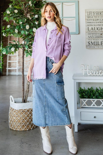 Veveret Raw Hem Button Up Long Sleeve Shirt Carauana Store
