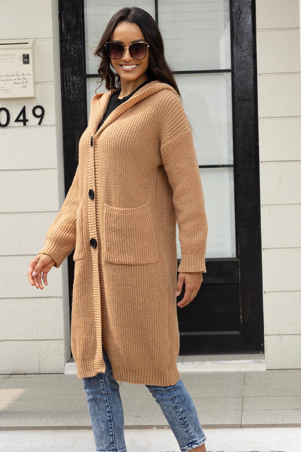 Button Up Long Sleeve Hooded Cardigan with Pockets Carauana Store