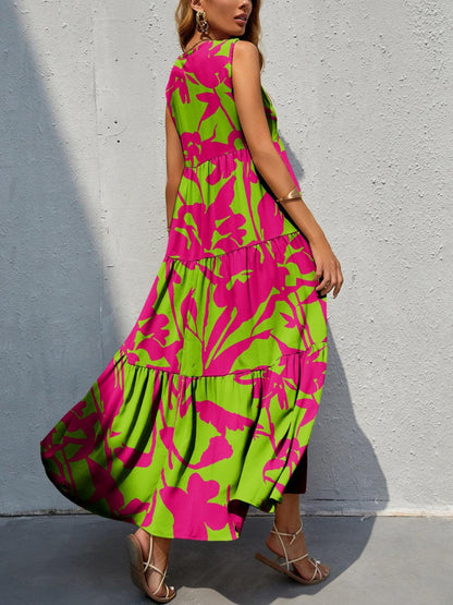 Tiered Printed V-Neck Sleeveless Dress Carauana Store