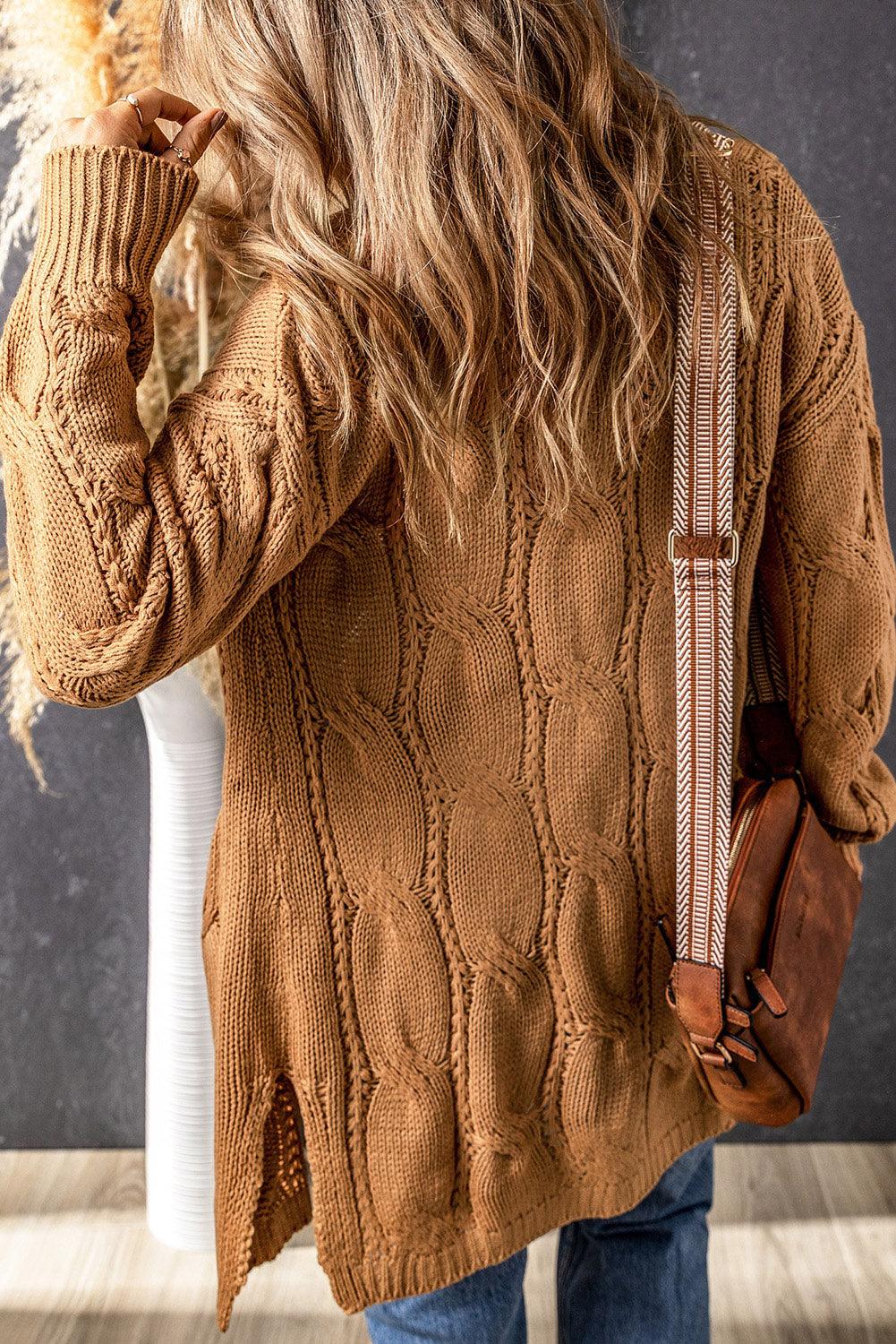 Cable-Knit Dropped Shoulder Slit Cardigan Carauana Store