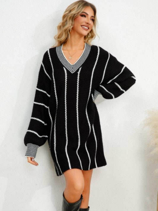 Striped V-Neck Long Sleeve Mini Dress Carauana Store