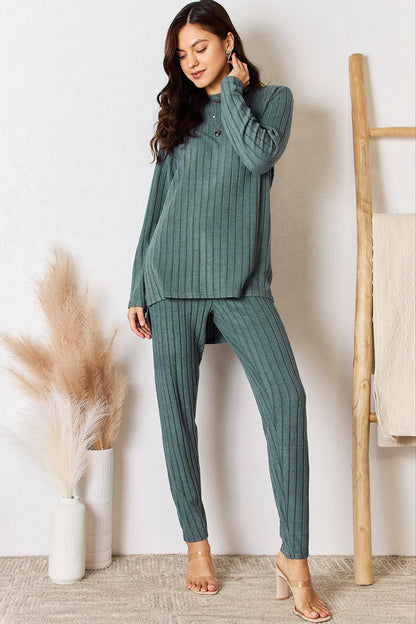 Basic Bae Full Size Ribbed Round Neck High-Low Slit Top and Pants Set Carauana Store