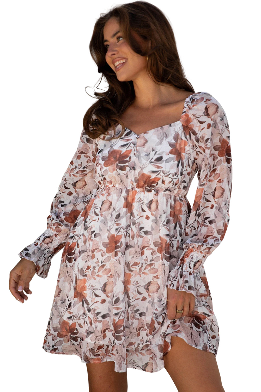 White Floral Print Sweetheart Neck Long Sleeve High Waist Mini Dress
