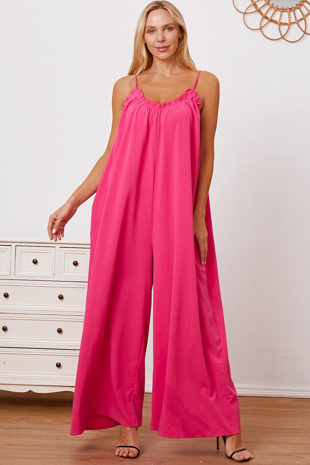 Double Take Full Size Ruffle Trim Tie Back Cami Jumpsuit with Pockets Carauana Store