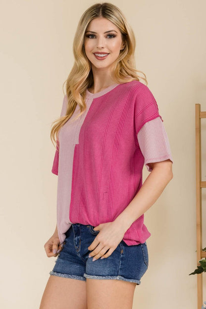Celeste Full Size Ribbed Color Block Short Sleeve T-Shirt Carauana Store