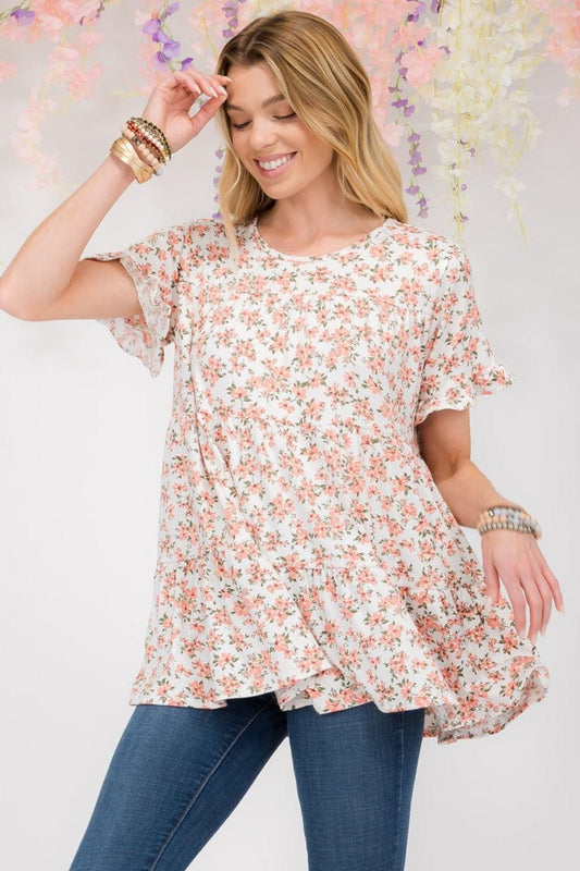Celeste Full Size Floral Ruffled Short Sleeve Blouse Carauana Store