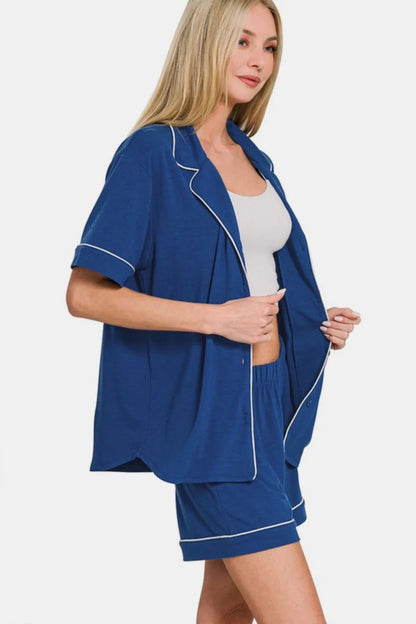Zenana Button Down Short Sleeve Top and Shorts Lounge Set Carauana Store