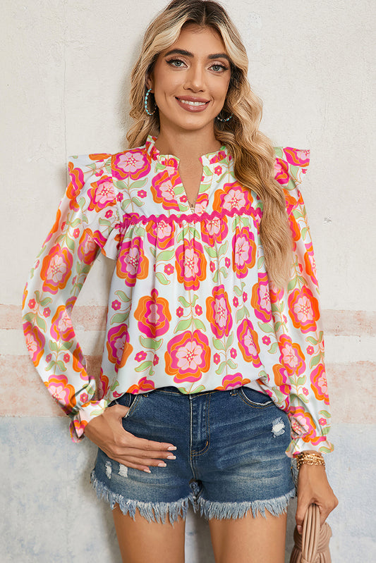 Rose Floral Printed Ruffled Long Sleeve Blouse