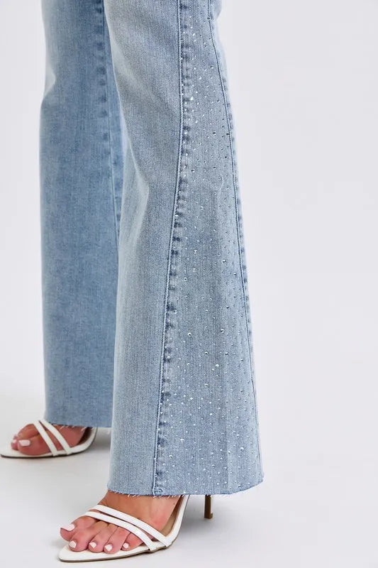 Judy Blue Full Size Mid Rise Rhinestone Side Panel Detail Flare Jeans Plus Size Carauana Store