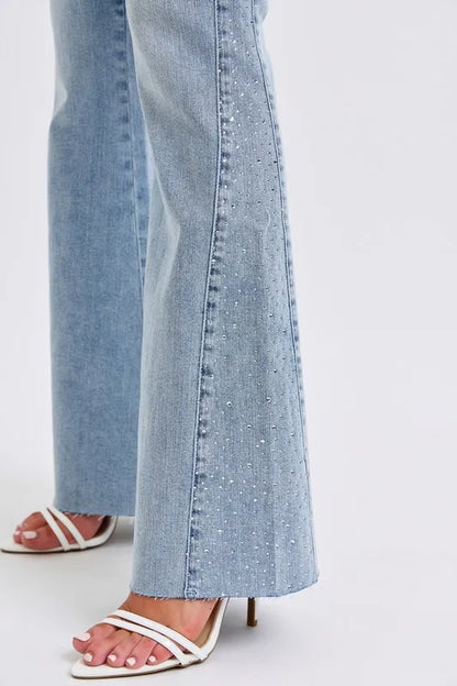 Judy Blue Full Size Mid Rise Rhinestone Side Panel Detail Flare Jeans Plus Size Carauana Store