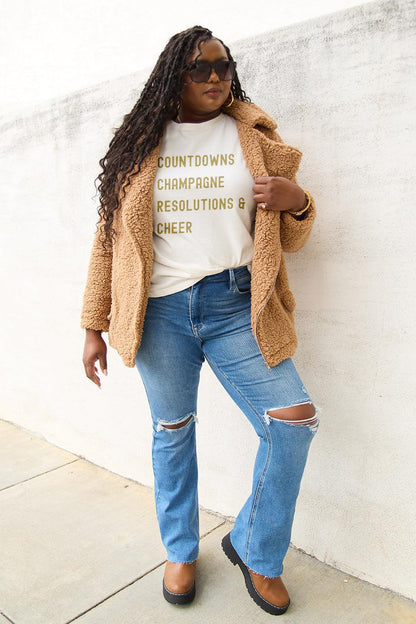 Simply Love Full Size COUNTDOWNS CHAMPAGNE RESOLUTIONS & CHEER Round Neck T-Shirt Carauana Store