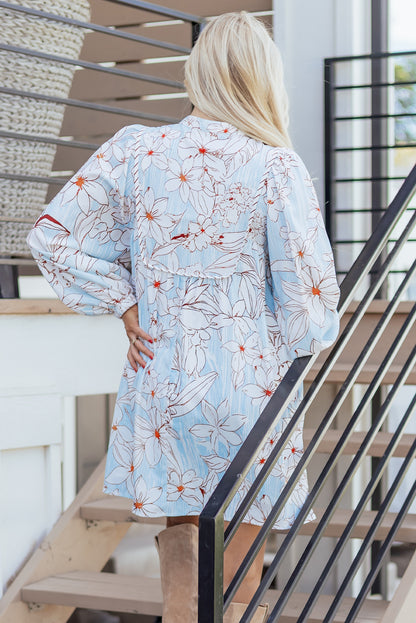 Brown Floral Print Tie Neck 3/4 Sleeve Mini Dress