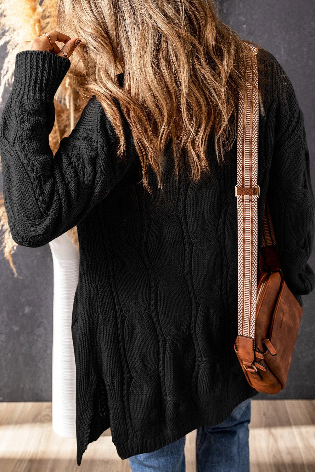 Cable-Knit Dropped Shoulder Slit Cardigan Carauana Store