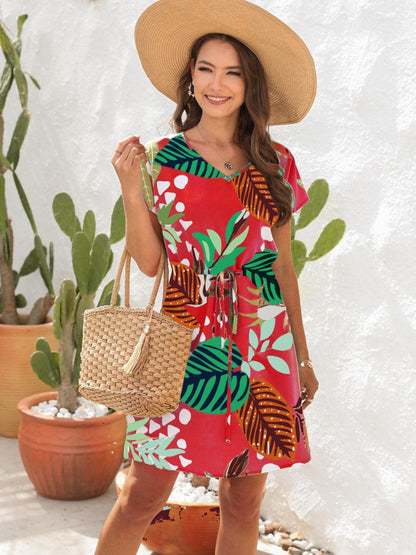 Drawstring Printed V-Neck Mini Dress Carauana Store