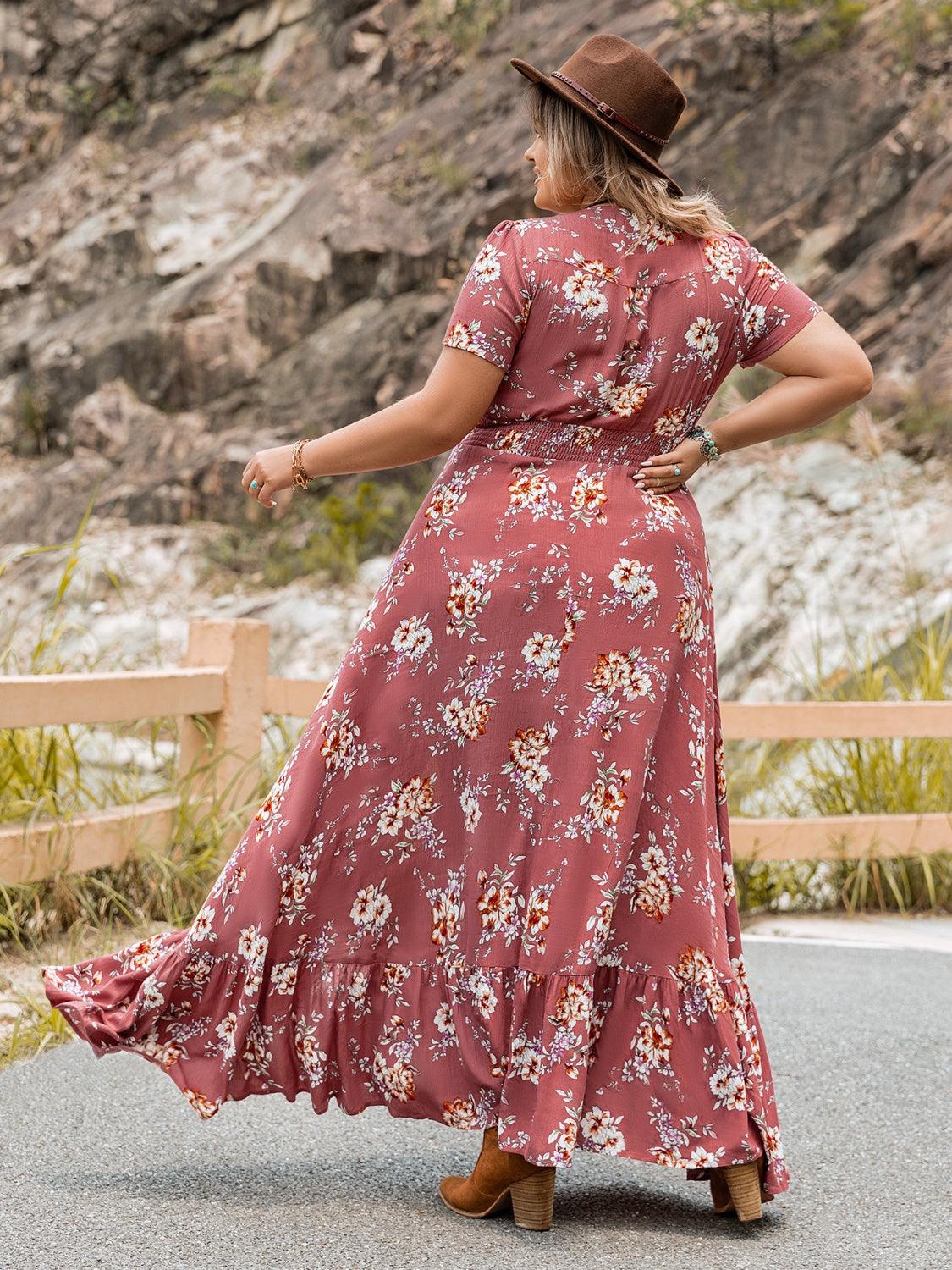 Plus Size Floral Slit Ruffle Hem Dress Carauana Store