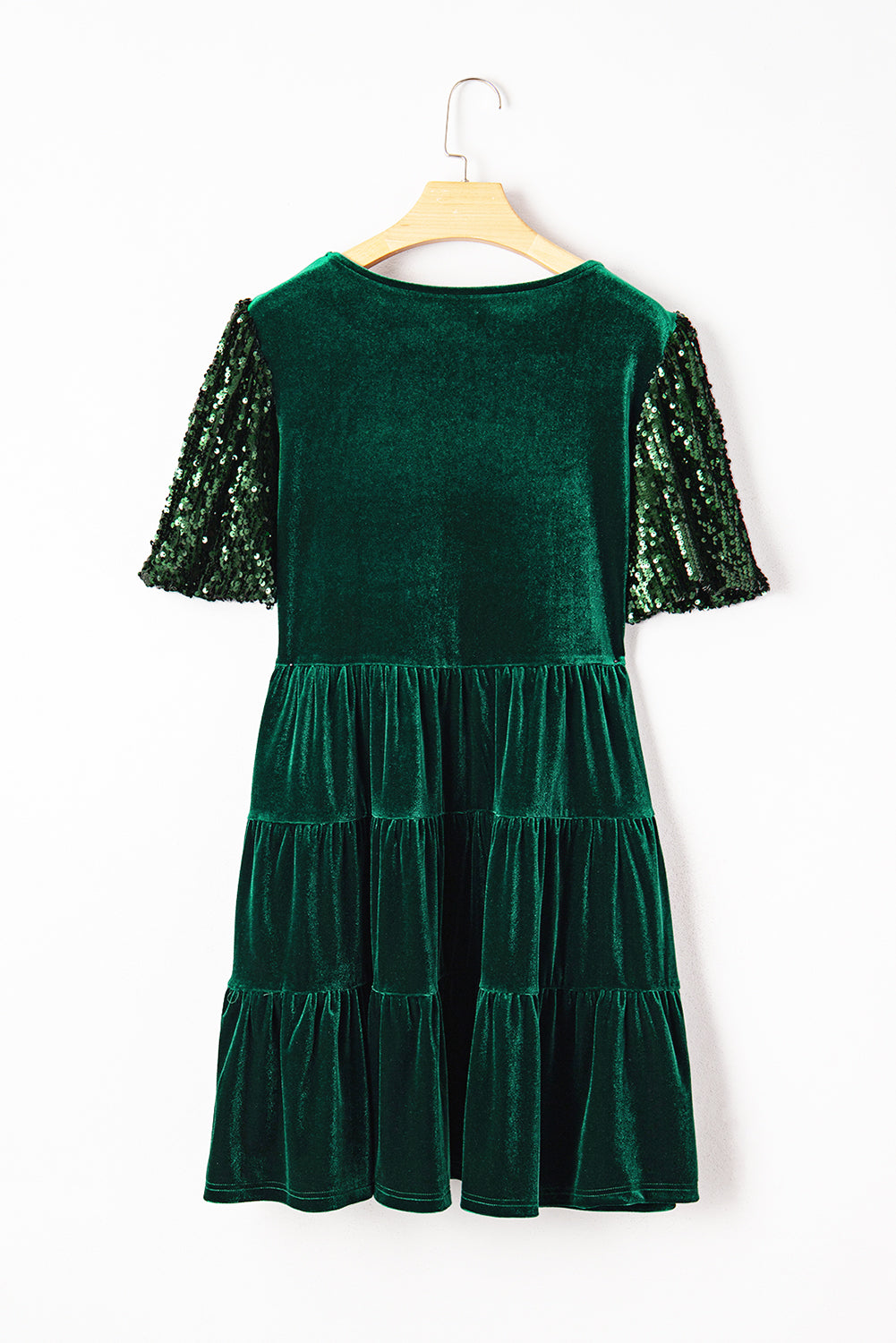 Evergreen Sequin Puff Sleeve High Waist Tiered Velvet Mini Dress