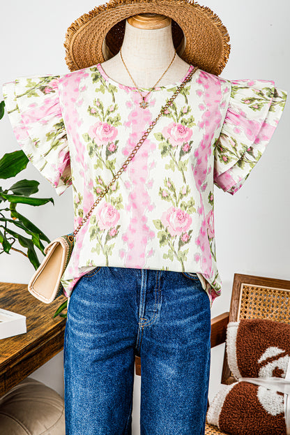 Pink Floral Print Ruffled Sleeve Summer Top