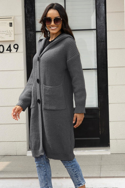 Button Up Long Sleeve Hooded Cardigan with Pockets Carauana Store