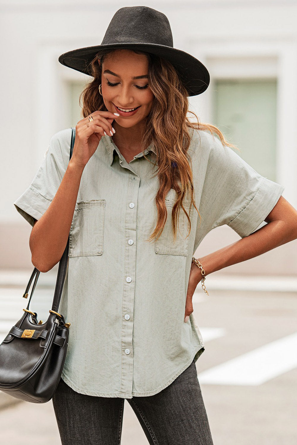 Button Front Collared Short Sleeve Shirt Carauana Store