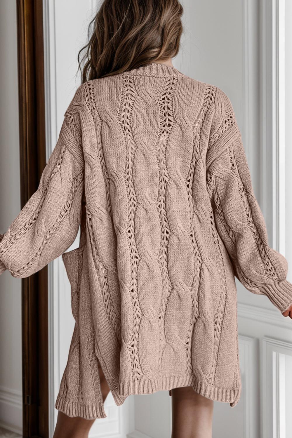 Cable-Knit Dropped Shoulder Slit Cardigan Carauana Store
