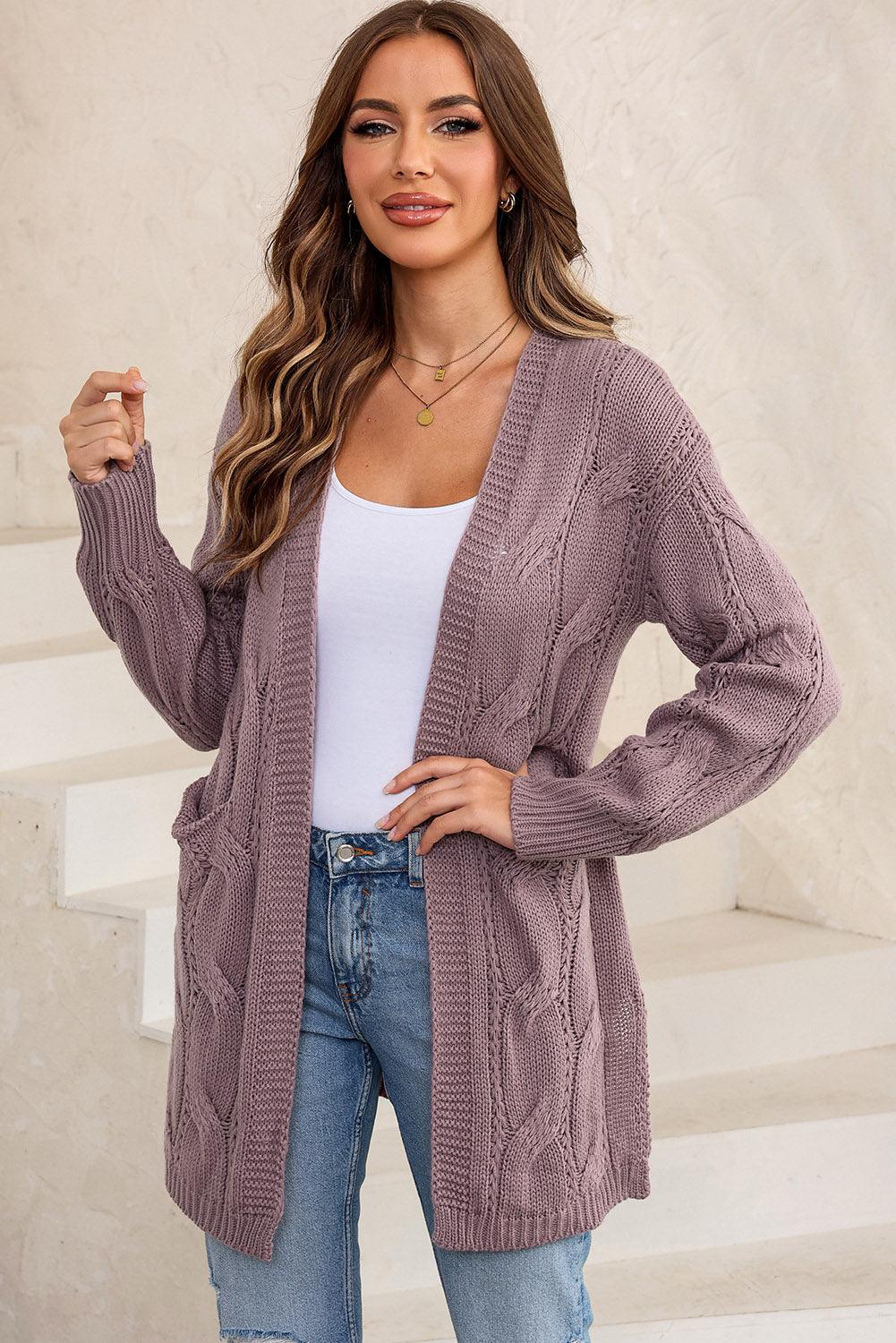 Cable-Knit Dropped Shoulder Slit Cardigan Carauana Store