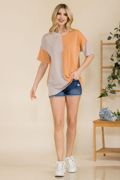 Celeste Full Size Ribbed Color Block Short Sleeve T-Shirt Carauana Store