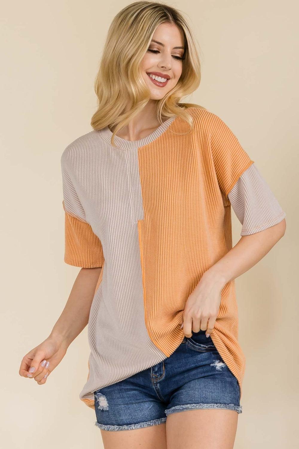 Celeste Full Size Ribbed Color Block Short Sleeve T-Shirt Carauana Store