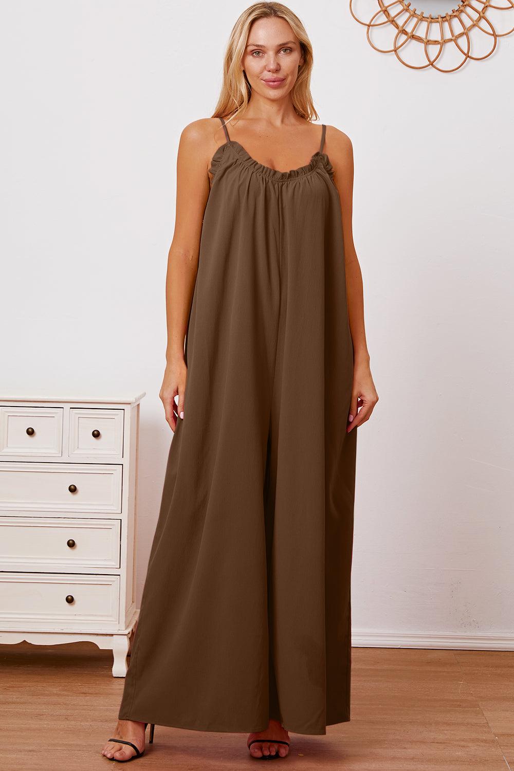 Double Take Full Size Ruffle Trim Tie Back Cami Jumpsuit with Pockets Carauana Store