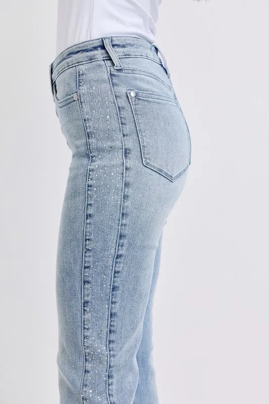 Judy Blue Full Size Mid Rise Rhinestone Side Panel Detail Flare Jeans Plus Size Carauana Store