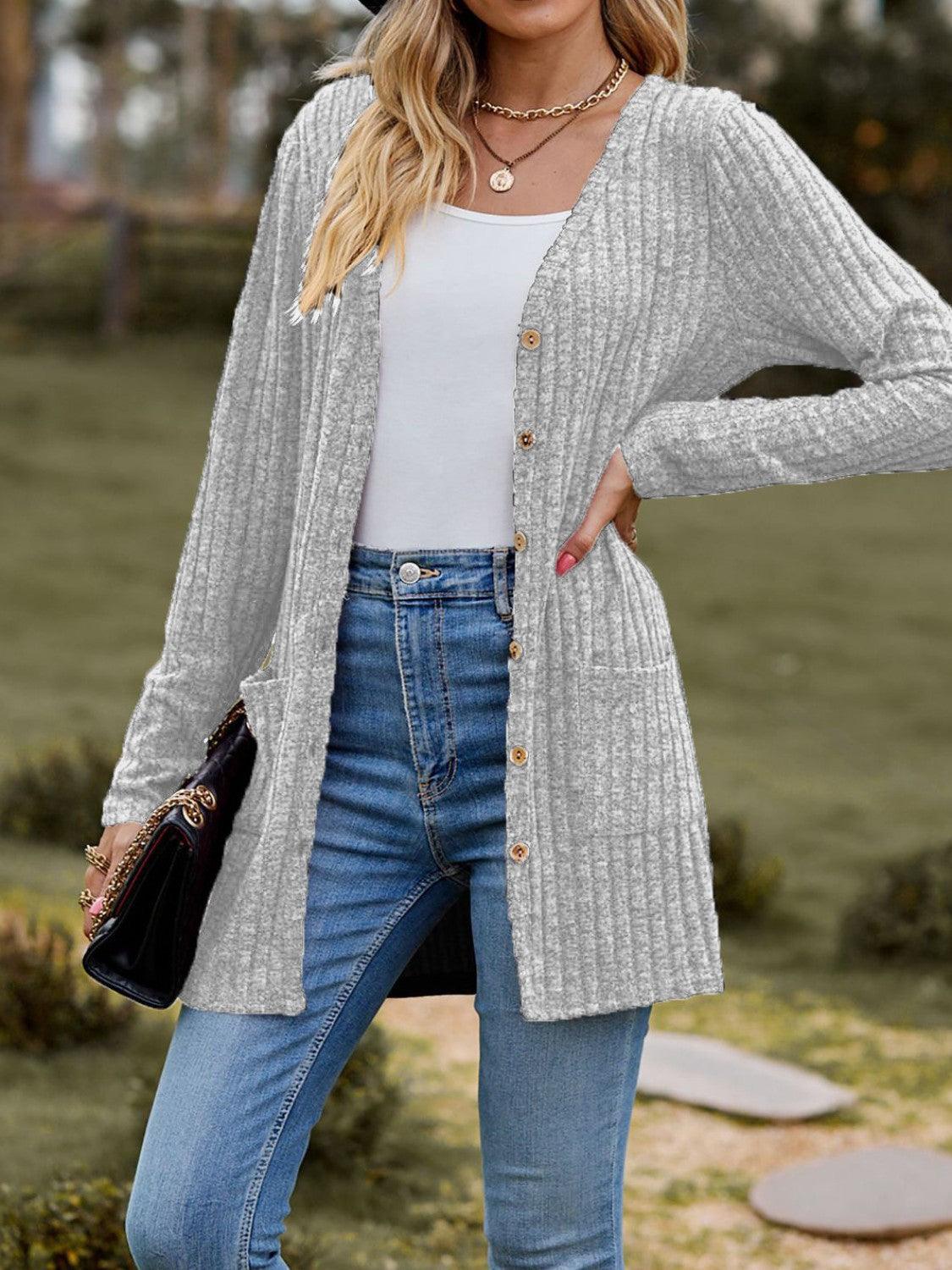 Ribbed Button Up Long Sleeve Cardigan Carauana Store