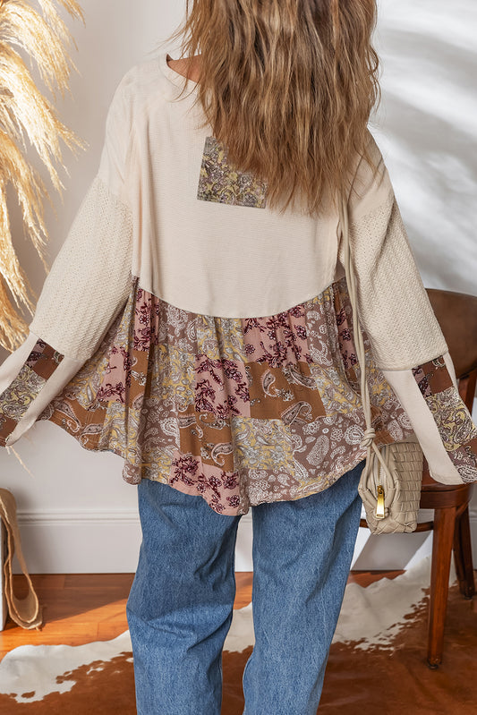Beige Paisley Ethnic Print Contrast Patchwork Long Sleeve Loose Top
