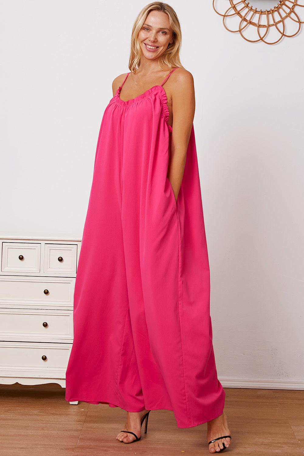 Double Take Full Size Ruffle Trim Tie Back Cami Jumpsuit with Pockets Carauana Store