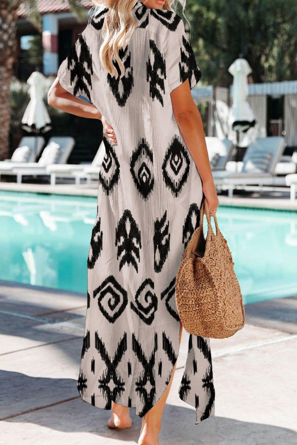 Geometric Button Up Short Sleeve Cover Up Carauana Store