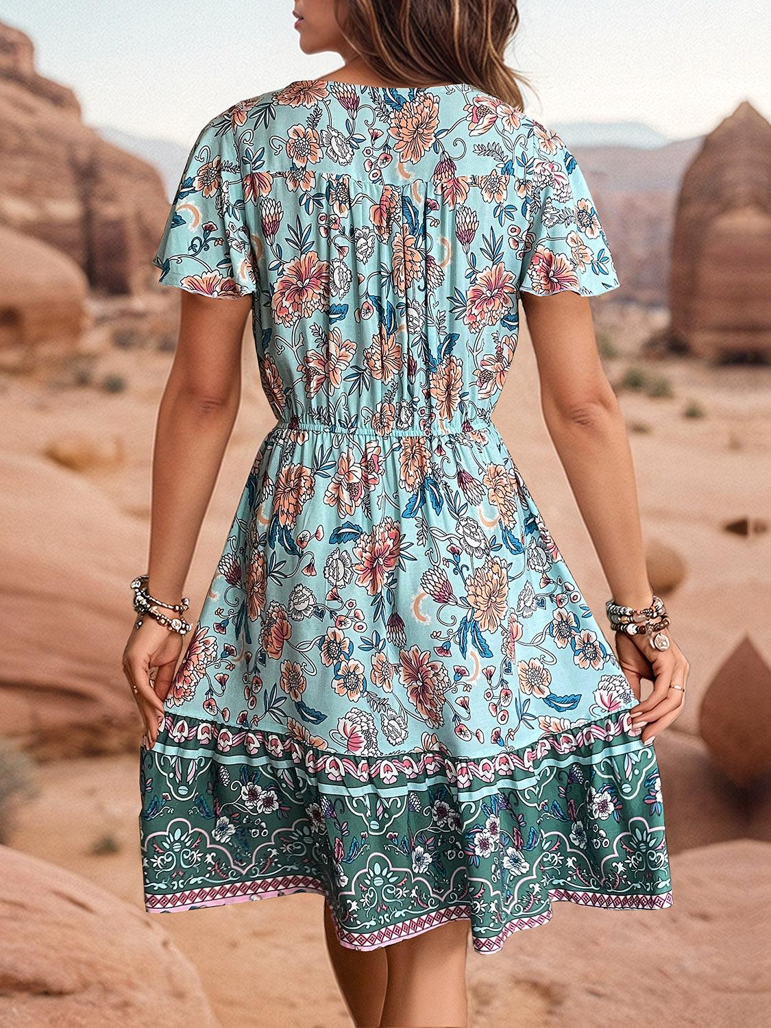Printed V-Neck Flutter Sleeve Dress Carauana Store