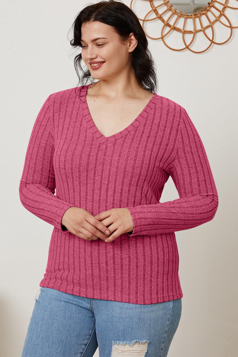 Basic Bae Full Size Ribbed V-Neck Long Sleeve T-Shirt Carauana Store