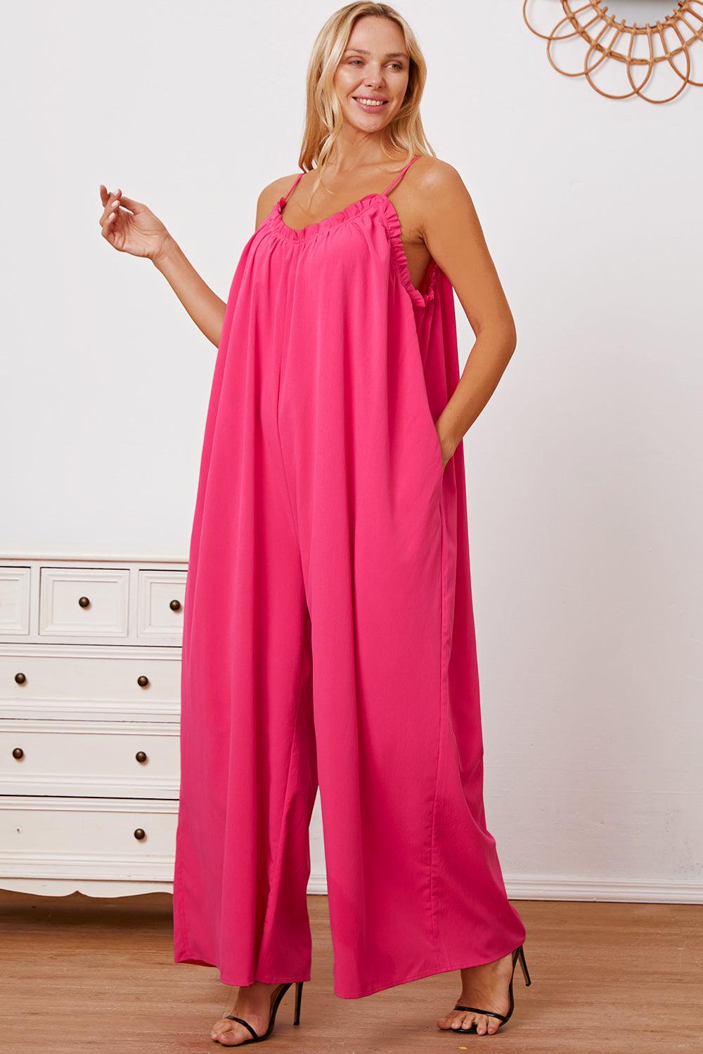 Double Take Full Size Ruffle Trim Tie Back Cami Jumpsuit with Pockets Carauana Store
