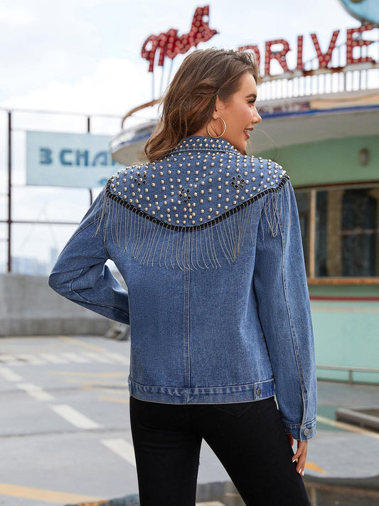 Studded Fringe Button Down Denim Jacket Carauana Store
