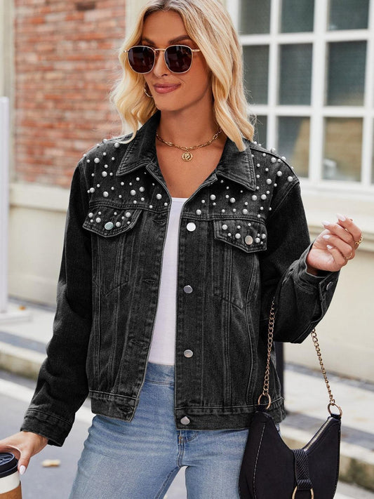 Pearl Detail Collared Neck Long Sleeve Denim Jacket Carauana Store
