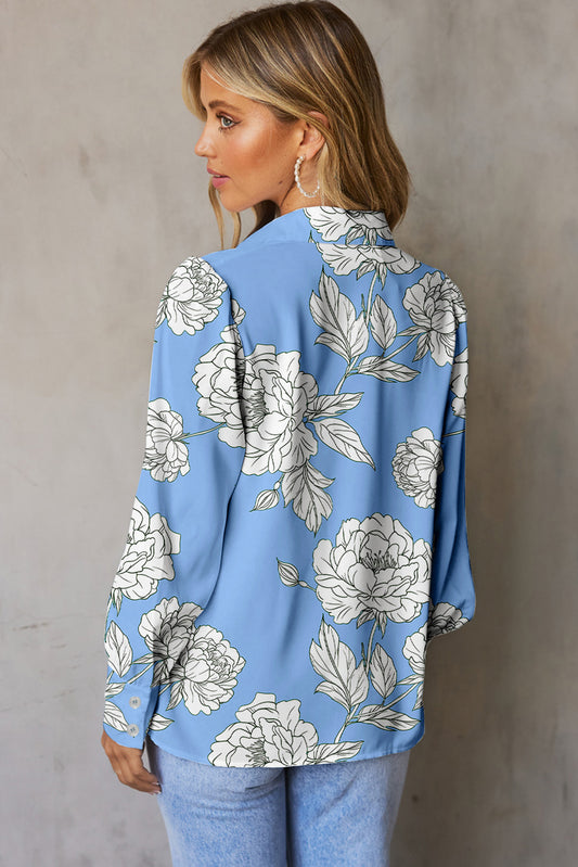 Sky Blue Floral Print Button Up Pleated Detail Puff Sleeve Shirt